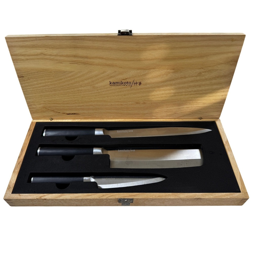 Kamikoto Kanpeki 3-Piece Japanese Honshu Steel Knife Set with Wood Case Box
